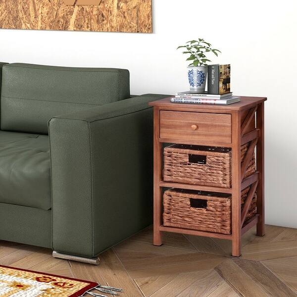 Shop Costway 3 Tiers Wood Nightstand 1 Drawer 2 Basket Bedside Table End Table Organizer Overstock 20489043