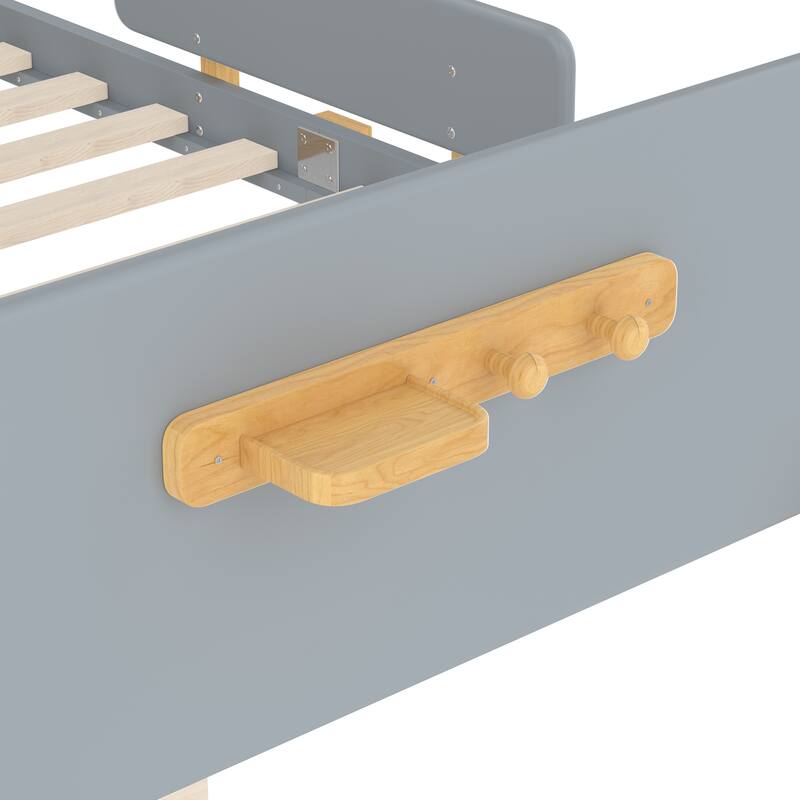 Low Profile Solid Wood Platform Bed Frame with Storage Drawers, Guardrails and Headboard, Footboard with Small Shelf and Hooks