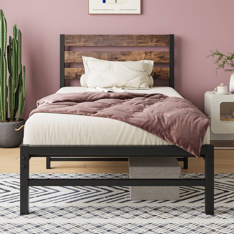 Modern Platform Bed Frame with Rustic Vintage Wood Headboard,No Box Spring Needed - Rustic Brown - Twin