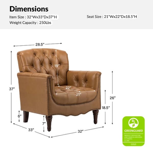 dimension image slide 4 of 9, HULALA HOME Wemer Traditional Genuine Leather Armchair with Tufted Back