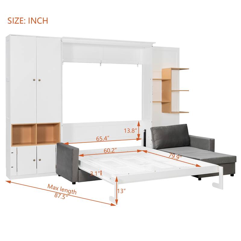 Modern Queen Murphy Bed with Sofa & Storage Shelves, Space-Saving Wall Bed with Integrated LED Lights