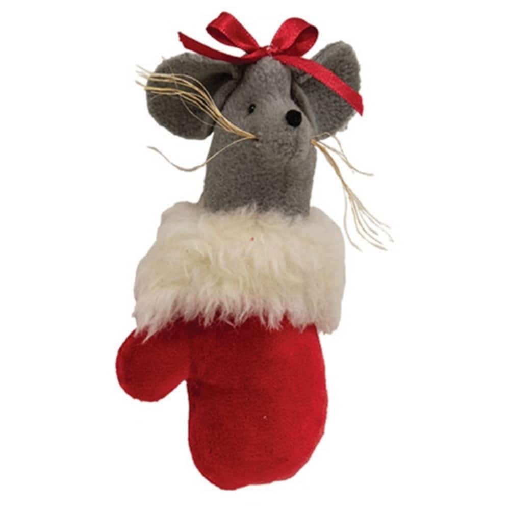 Fuzzy Mouse in Red Mitten Hanger for Festive Winter Decor - 3.50" x 2" x 7"