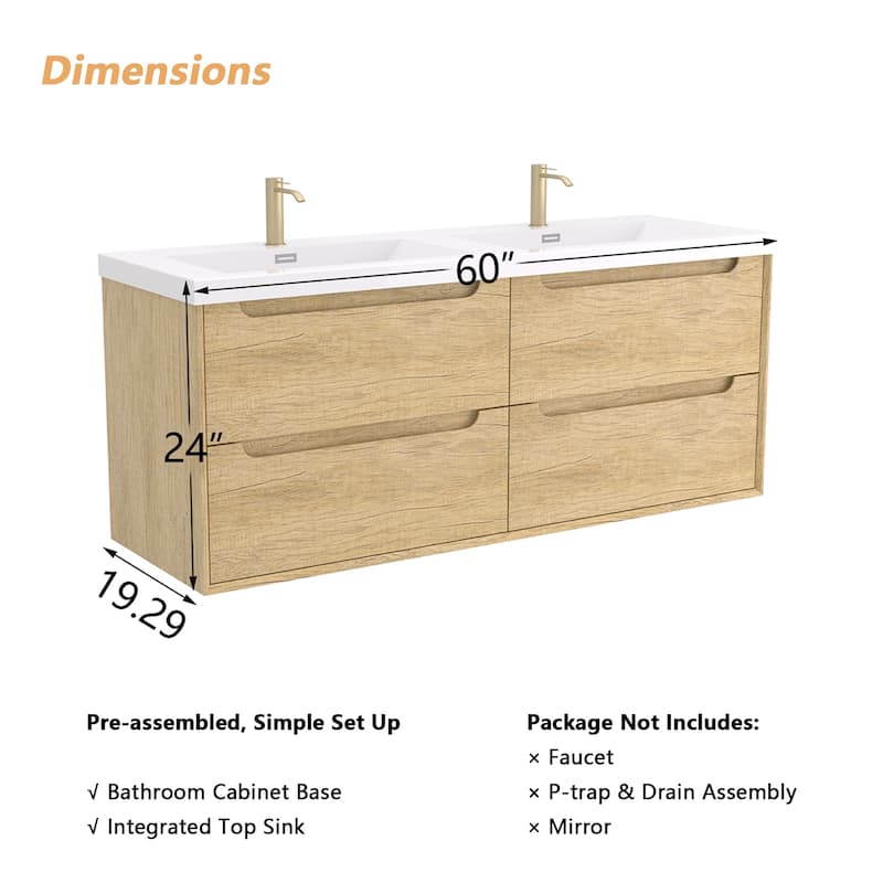 Prismis 60" 72" 84" Wall-Mount Premium Bathroom Vanity with Integrated Sink