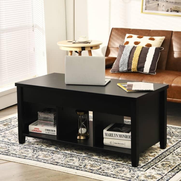 Modern Lift Top Coffee Table with Storage and Solid Wood Legs - 41" x 19.5" x (19" - 24.5") - Black