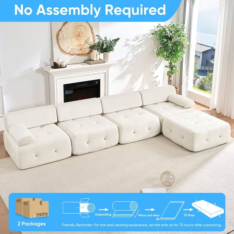 Mixoy 134inch Modular Sectional Sofa with Ottoman,Velvet L-Shaped Couch Indoor for Living Room - 133.9"w x 66.9"D x 24.8"H