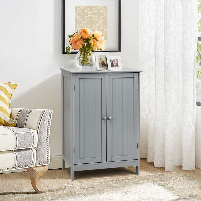 Gymax Bathroom Floor Storage Cabinet Double Door Kitchen Cupboard Shoe