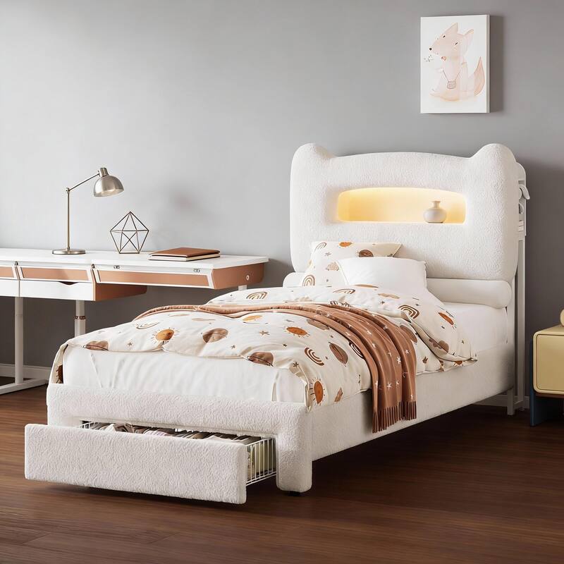 Led Bed Frames, with Storage Headboard and Charging Station - Beige - Twin