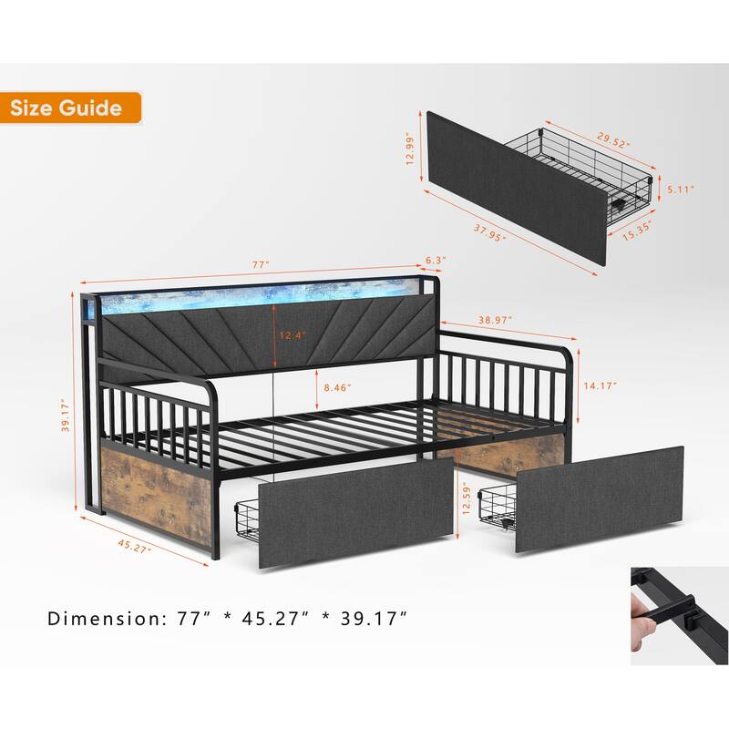 Compact Twin Daybed with Upholstered Headboard, Charging Station, and RGB LED Lighting