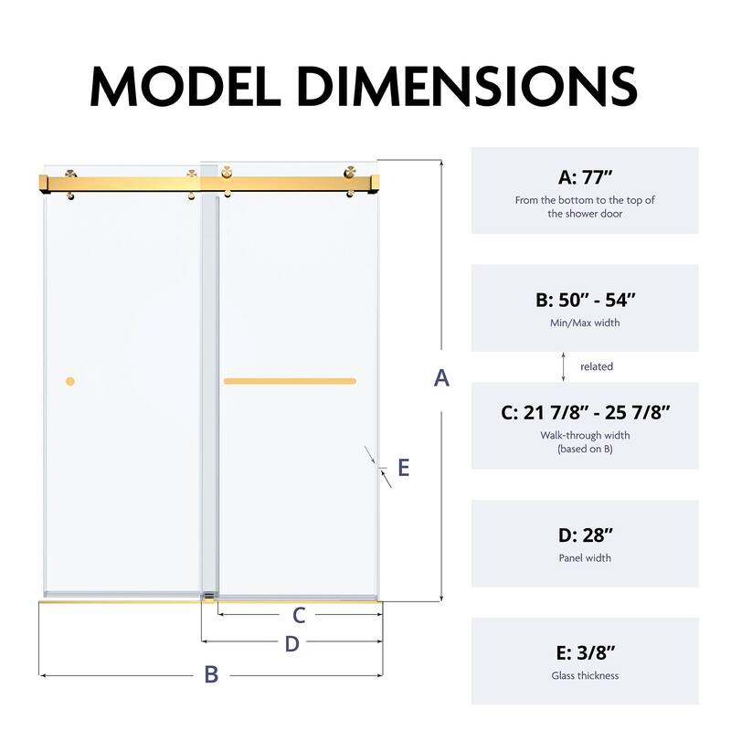 SP Series 50" - 54" W x 77" H Double Sliding Frameless Glass Shower Door with 3/8" Clear Tempered Glass