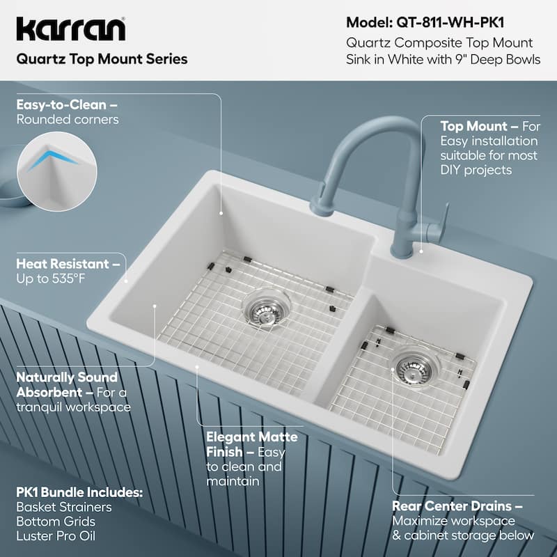 Karran 33" Top Mount Large/Small Bowl Quartz Kitchen Sink Kit - 33" x 22" x 9"