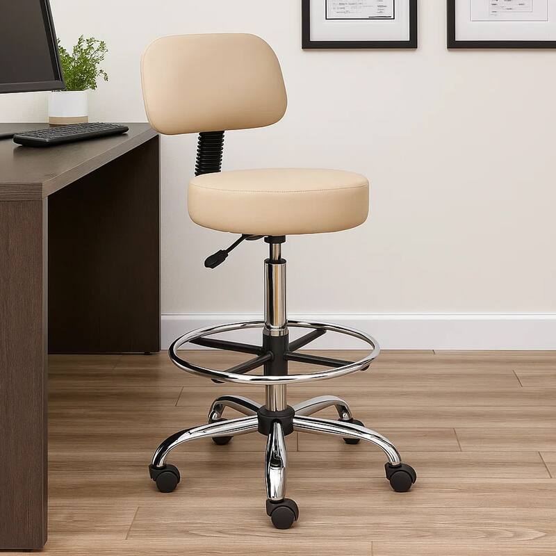 Fea Medical Drafting Stool, Beige Vinyl, Low Back and Padded Seat, Chrome