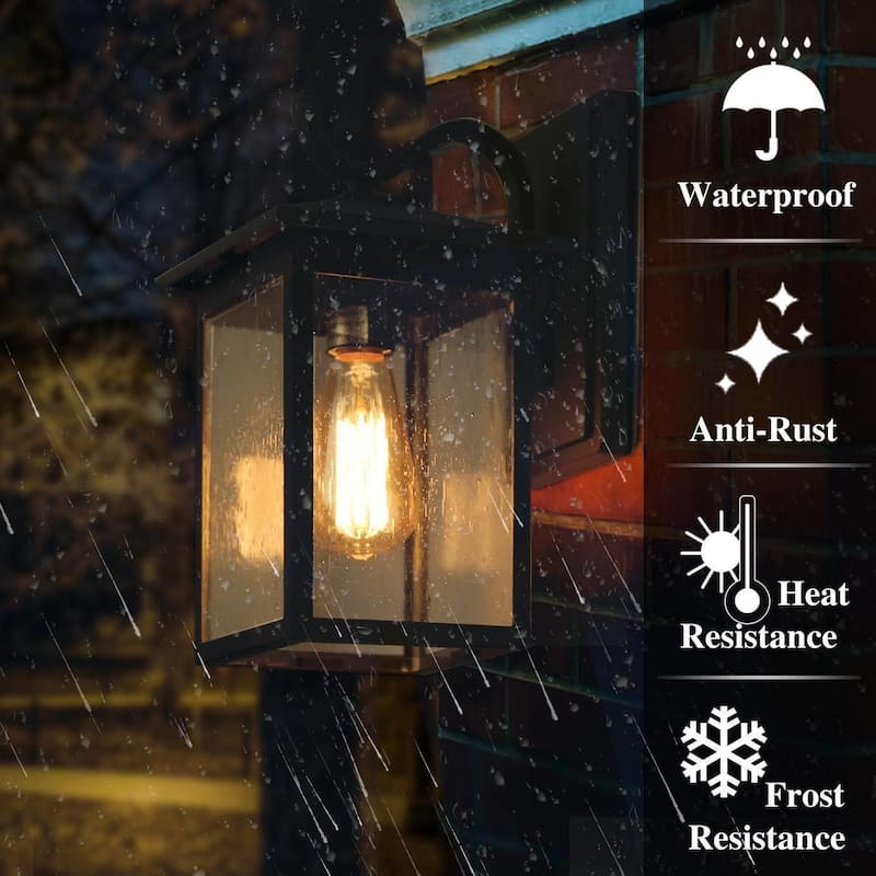 Modern Farmhouse 1-Light Black Outdoor Wall Lantern Sconces with Seeded Glass - W7"x H12.2"x E9"