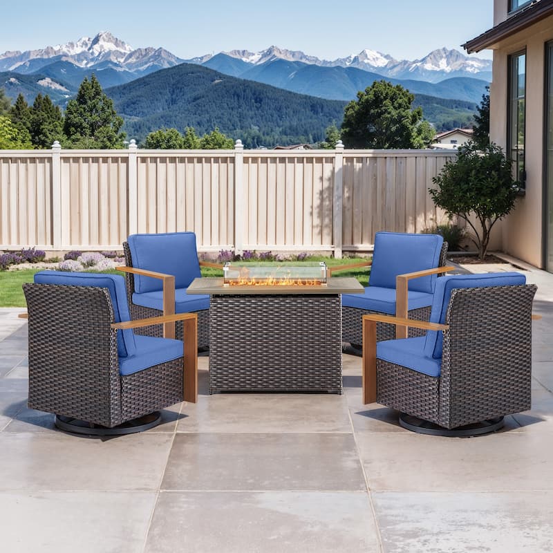 Pocassy Fire Pit Table with Outdoor Sofa Chair Ottoman Set - Brown Wicker Blue Cushion - 5-Piece Swivel Chair with Rectangle Fire Table