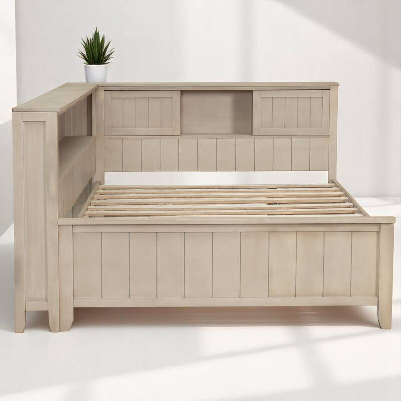 Full/Twin Daybed with Storage Shelves and 3 Drawers, Antique White Milk Farmhouse Platform Bed Frame, No Box Spring Needed