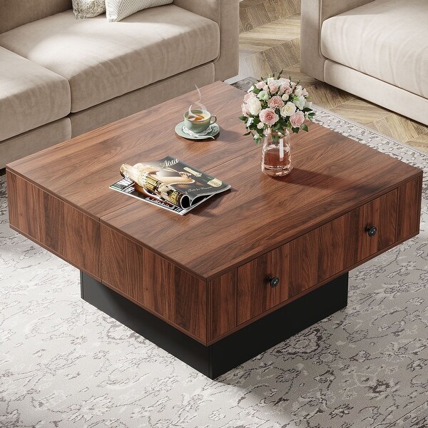Square Coffee Table with 2 Drawers,Wood Cocktail Table with