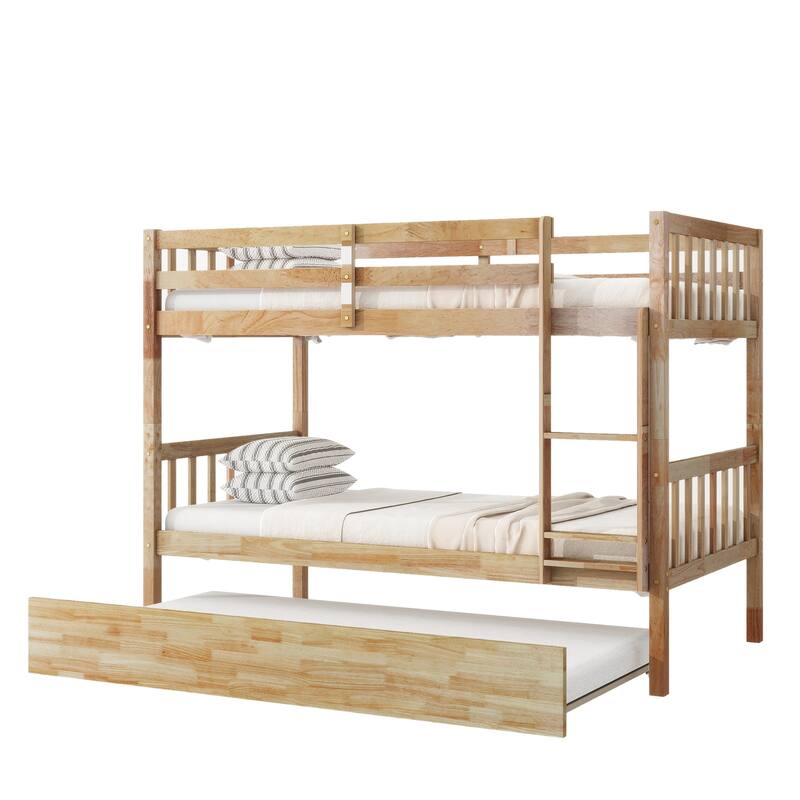 Twin over Twin Rubber Wooden Bunk Bed with Trundle, Ladder & Safety Guardrails, Espresso