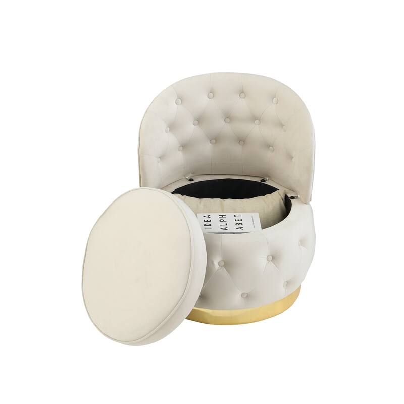 Modern 25.2" Velvet 360° Swivel Buttons Tufted Barrel Chair with Gold Stainless Steel Base and Storage