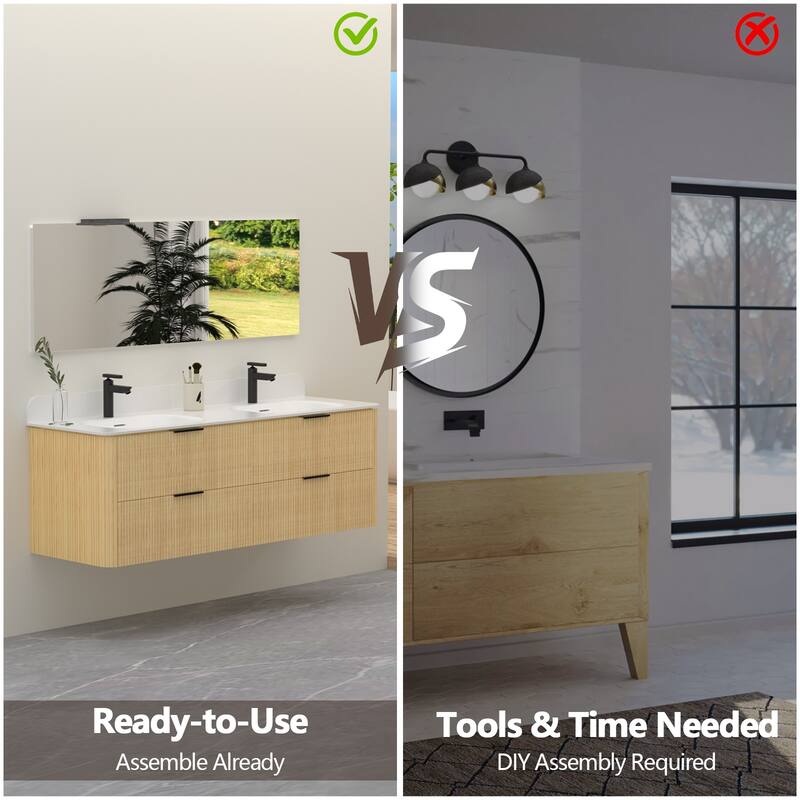 60" Floating Bathroom Vanity with Integrated countertop Rectangulare Sink Solid Wood