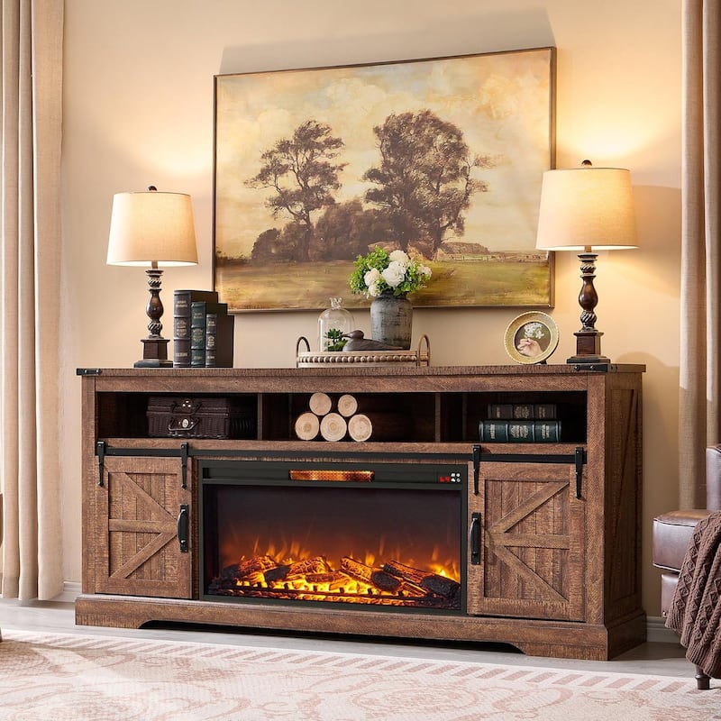 Farmhouse Fireplace TV Stand for 80" TV, Rustic Entertainment Center - Reclaimed Barnwood