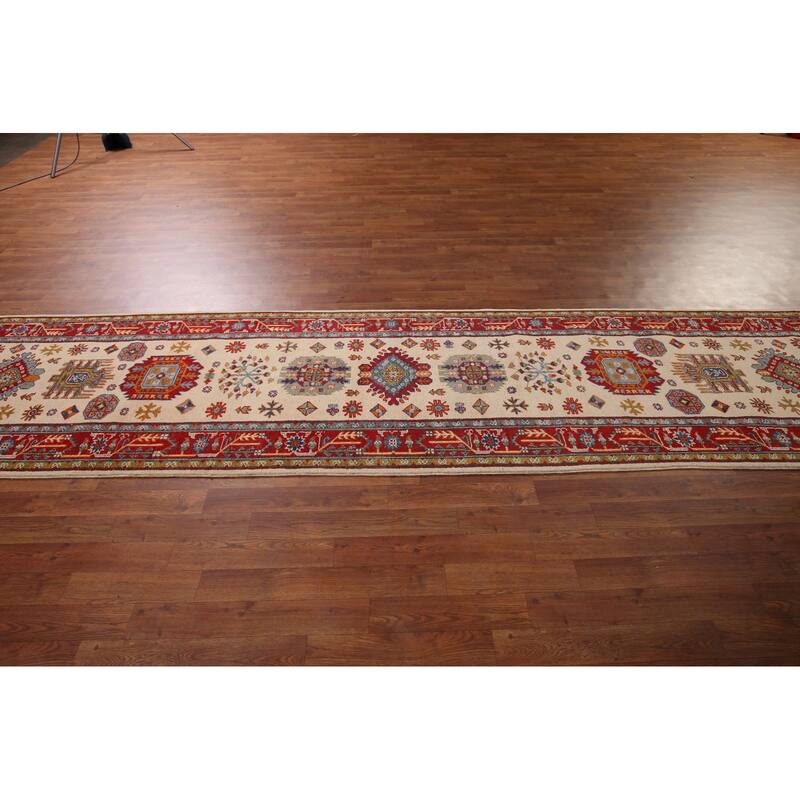 Geometric Beige Kazak Oriental Runner Rug Handmade Wool Carpet - 2'9" x 12'10"