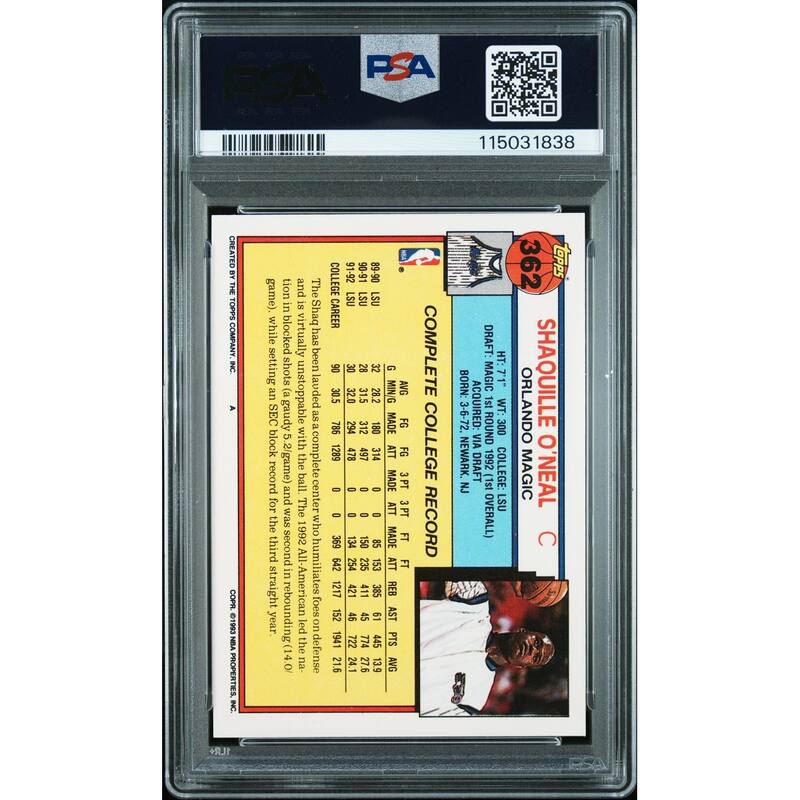 Shaquille O'Neal 1992 Topps Signed Basketball Rookie Card #362 Graded PSA 8 Auto 115031838 - 8' x 11'