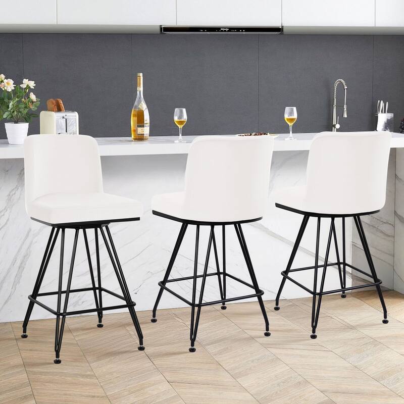 26" Leather/Velvet Swivel Counter Height Bar Stools - 38.2"H x 17.7"W x 19.1"D - Set of 3 - Velvet Cream-White