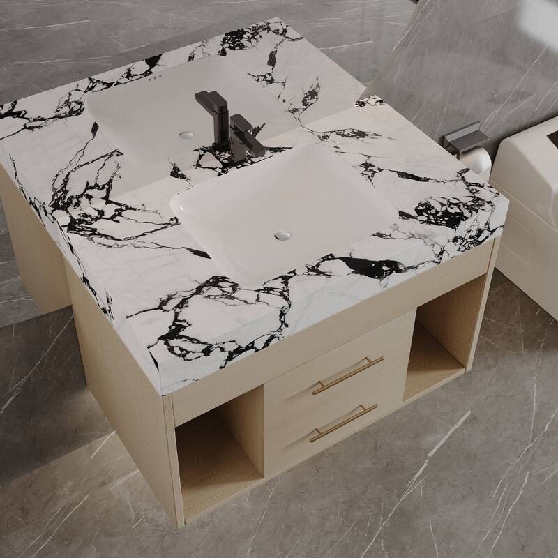 29.9" Floating Bathroom Vanity for Small Bathrooms - Sintered Stone Top & Ceramic Undermount Sink