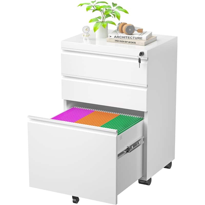 3 Drawer Mobile/Vertical File Cabinet for Home Office - White with Wheels