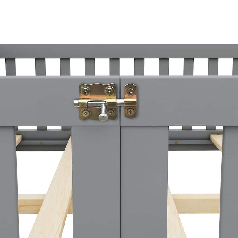 Full Size Pine Wood Floor Bed with Safety Guardrails and Door for Kids