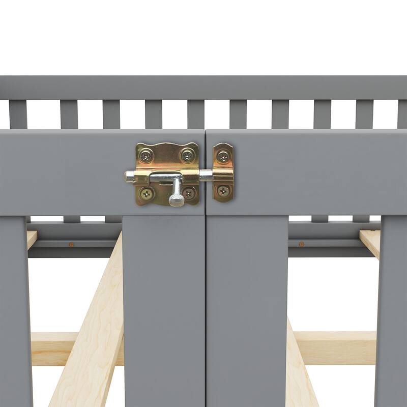 Gray Full Size Pine Wood Floor Bed with Safety Guardrails and Door