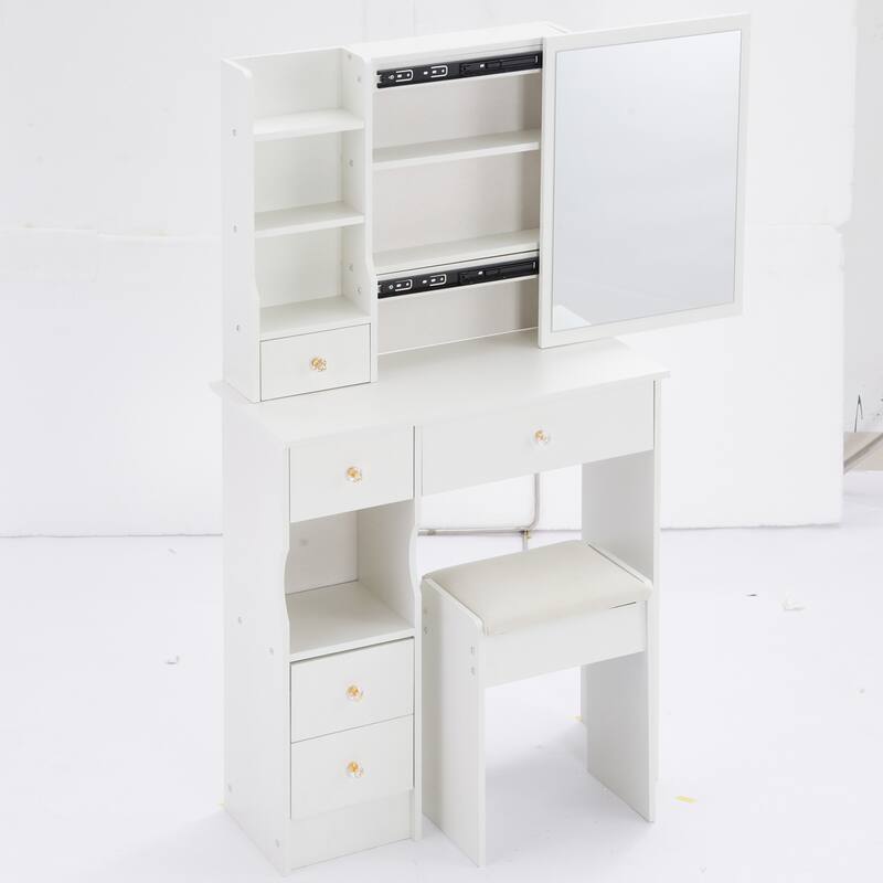 29.2" Small Space Left Drawer Desktop Vanity Table + Cushioned Stool, Extra Large Right sliding mirror