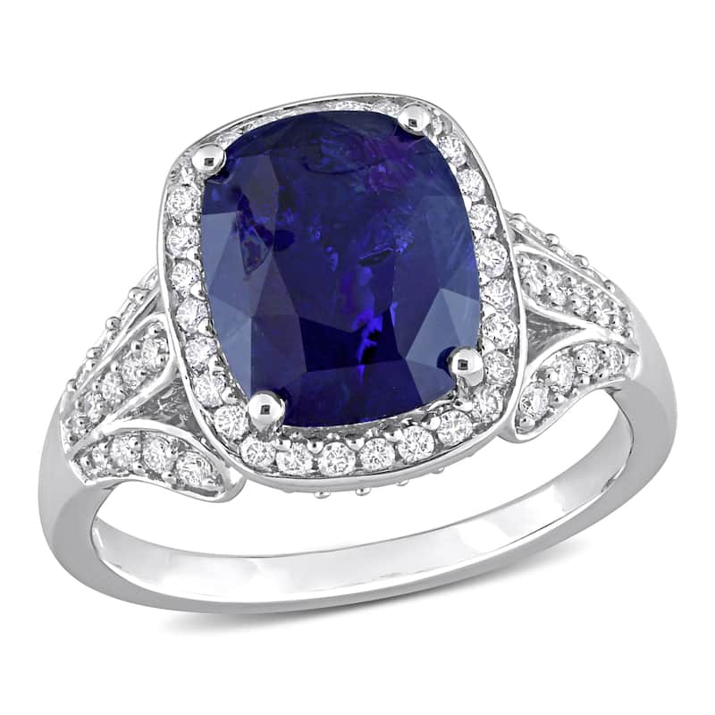 Miadora 5ct TGW Cushion Blue Sapphire and 5/8ct TDW Diamond Halo Cocktail Ring in 14k White Gold