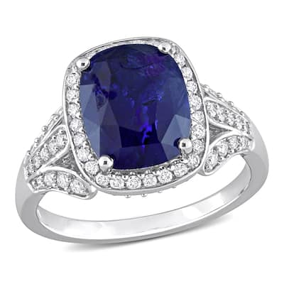Miadora 5ct TGW Cushion Blue Sapphire and 5/8ct TDW Diamond Halo Cocktail Ring in 14k White Gold