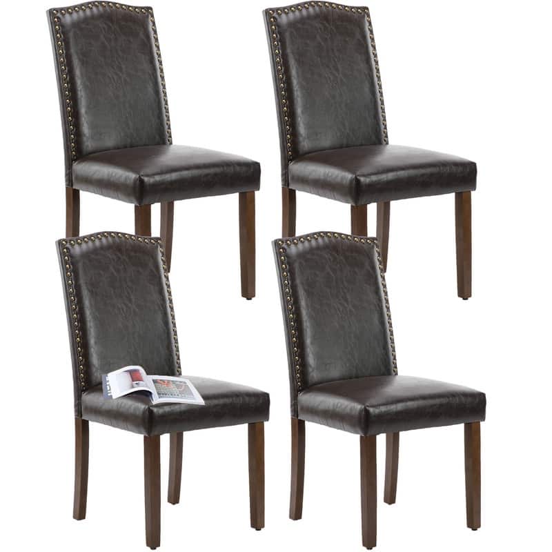 Dining Chairs With Upholstered Fabric - Set of 2 - Dark Brown Leather