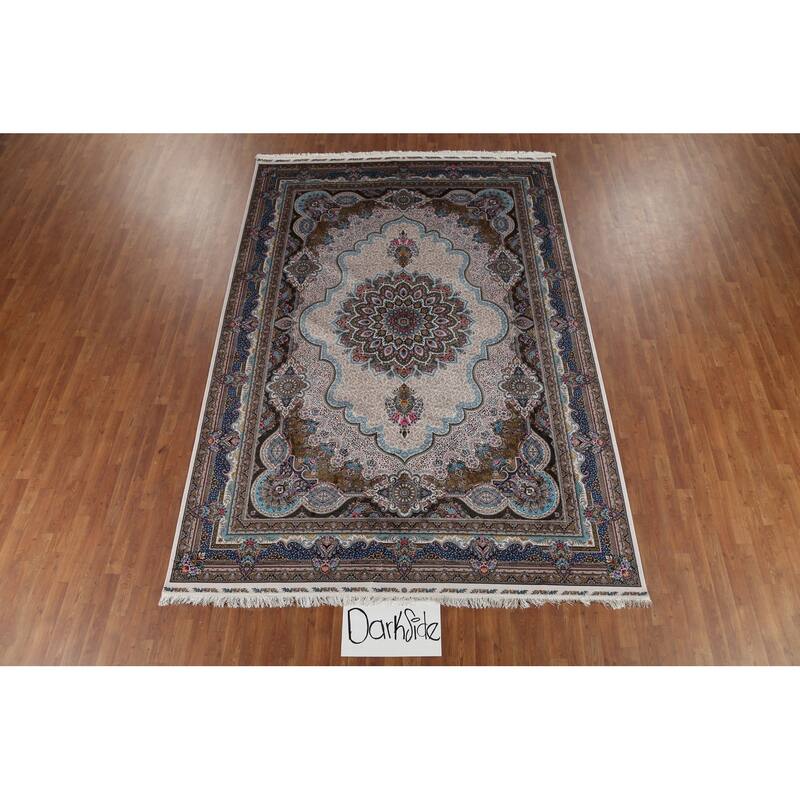 Victorian Style Qum Turkish Area Rug Beige Machine Made Carpet - 7'8" x 11'1"