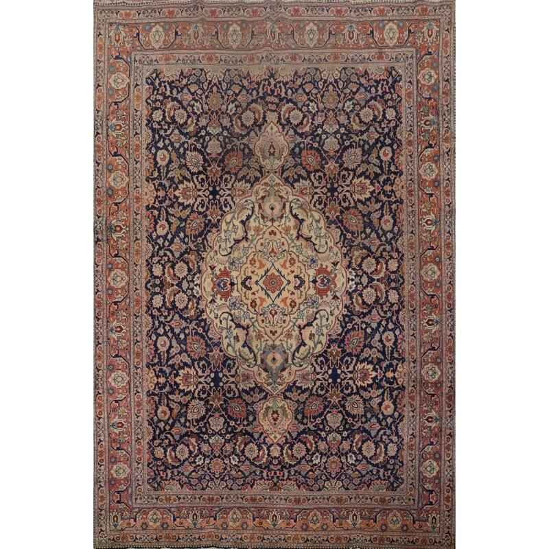 Hand Knotted Oriental 100% Wool Carpet Traditional Floral Navy Blue & Blues Tabriz Area Rug - 11' 10'' X 9' 4''