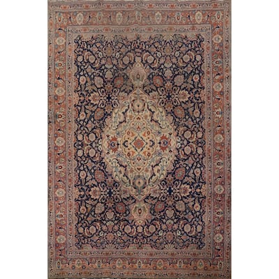 Hand Knotted Oriental 100% Wool Carpet Traditional Floral Navy Blue & Blues Tabriz Area Rug - 11' 10'' X 9' 4''