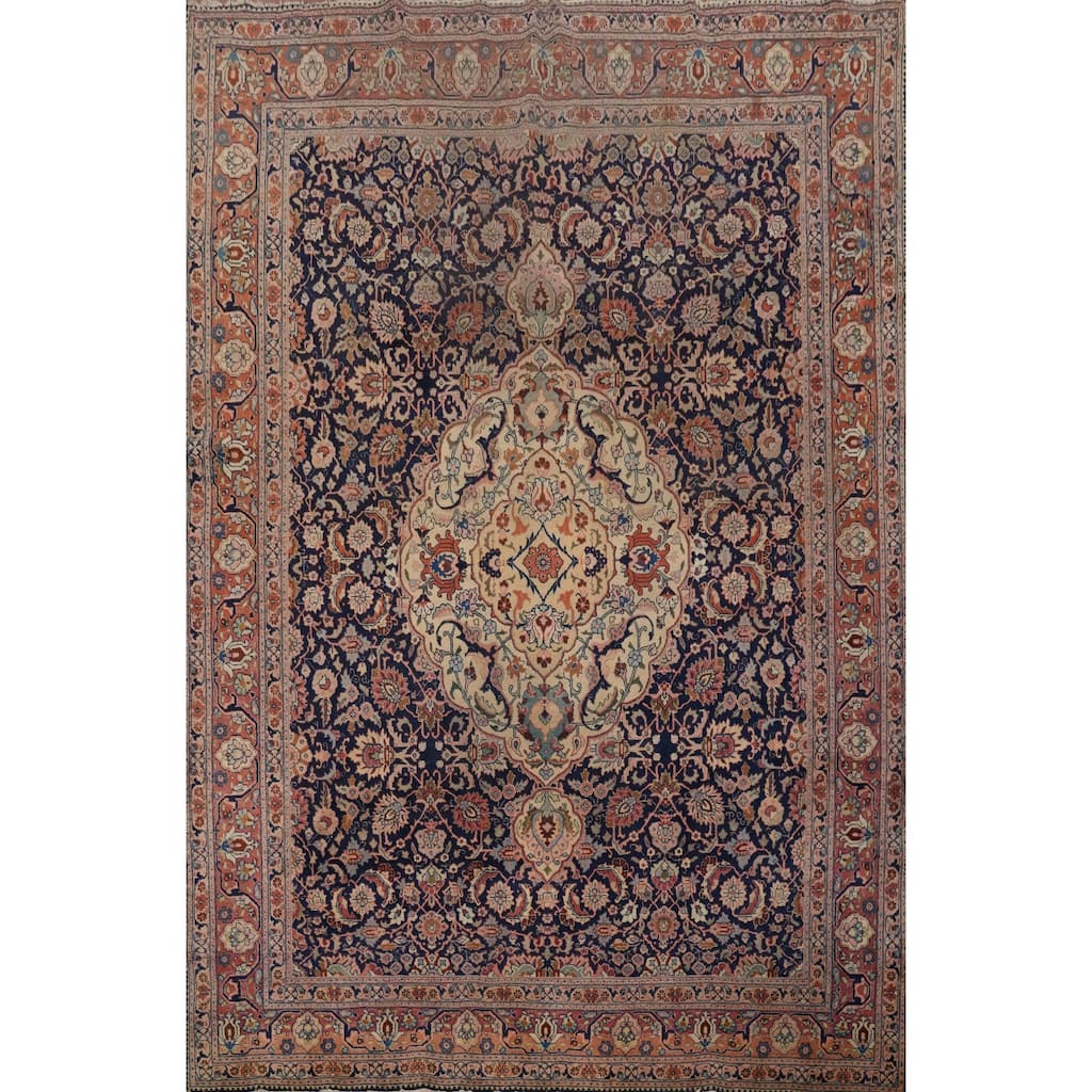 Hand Knotted Oriental 100% Wool Carpet Traditional Floral Navy Blue & Blues Tabriz Area Rug - 11' 10'' X 9' 4''