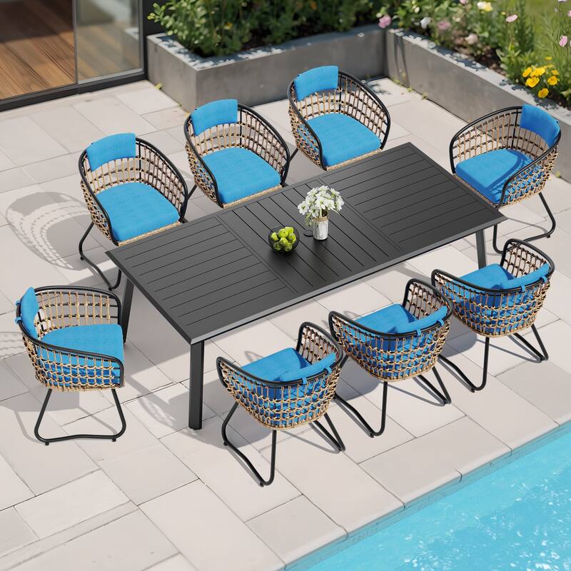 7/9/11-Piece Set Outdoor Aluminum Dining Table with Umbrella Hole and PE Rattan Chairs - Blue - Set of 9
