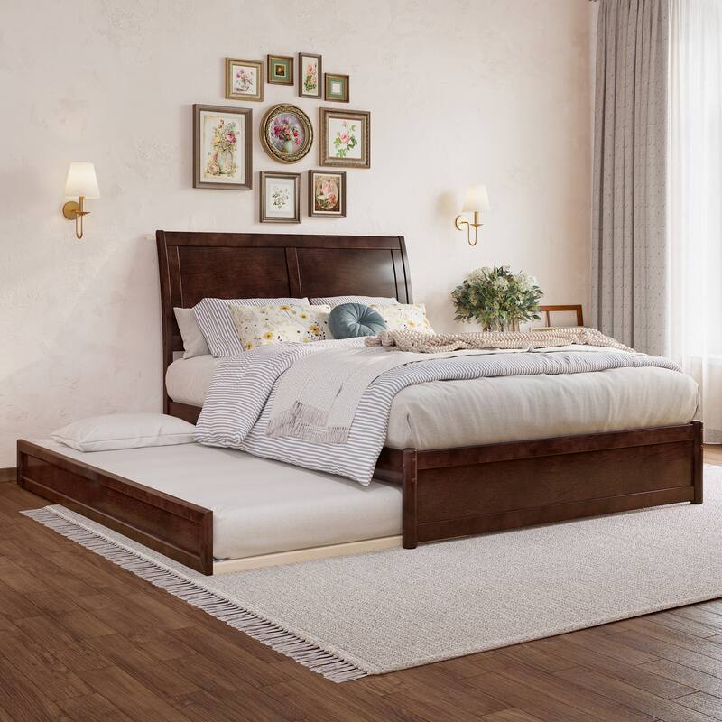 Andorra Platform Bed with Panel Footboard and Twin Trundle - Walnut - Full