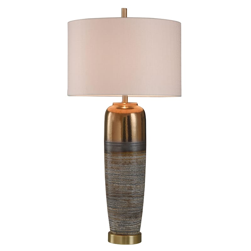 Morganton Ceramic White, Gray, and Gold Table Lamp - White Hardback Fabric Shade