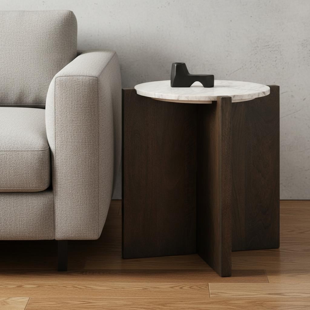 HomeRoots 22" White and Brown Stone and Wood Tray Table - 22.00 in. x 22.00 in. x 22.00 in.