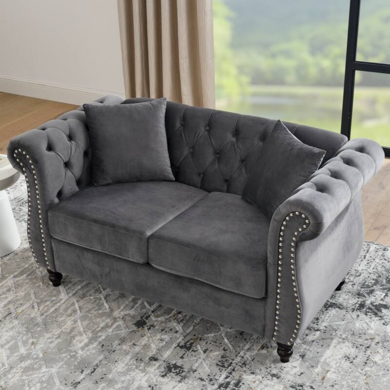 58.8" Chesterfield Sofa Beige Velvet for Living Room, 2 Seater Sofa Tufted Couch with Rolled Arms and Nailhead - Grey