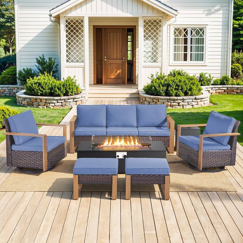 Pocassy Outdoor Sofa Swivel Chair Ottoman w/ 43" Fire Pit Set - Brown Wicker Blue Cushion - 6PCS Fire Table w/ 4-In Sofa Swivel Chair Ottoman