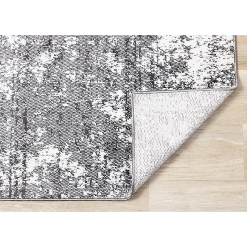 Washable Grey White Abstract Art Area Rug