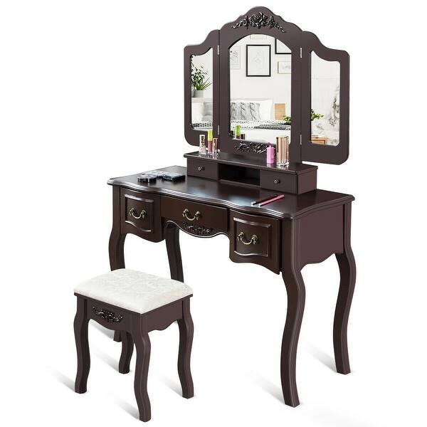 Shop Black Friday Deals On Gymax Bedroom Makeup Vanity Dressing Table Set With Stool Tri Folding Brown 5 Drawers Overstock 25572454