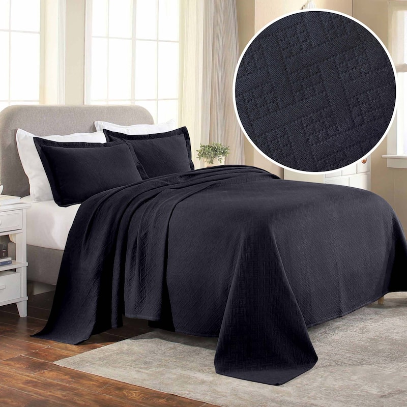Superior Basketweave Cotton Decorative Bedspread Set - Navy Blue - Full