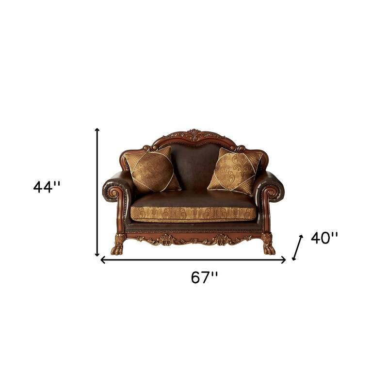 HomeRoots 67" Brown And Redwood Faux Leather Loveseat and Toss Pillows - 67.00 in. x 44.00 in. x 40.00 in.