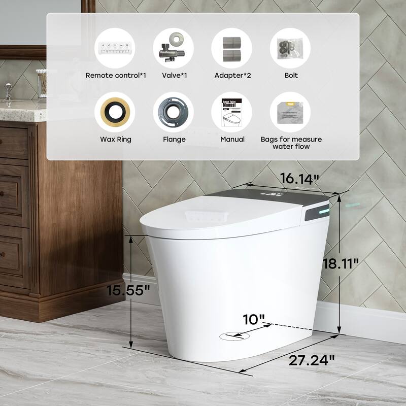 HOROW 10 Inch Rough In Tankless Elongated Smart Bidet Toilet 1.27 GPF White with Auto Open Close Foot Sensor and Ambient Light