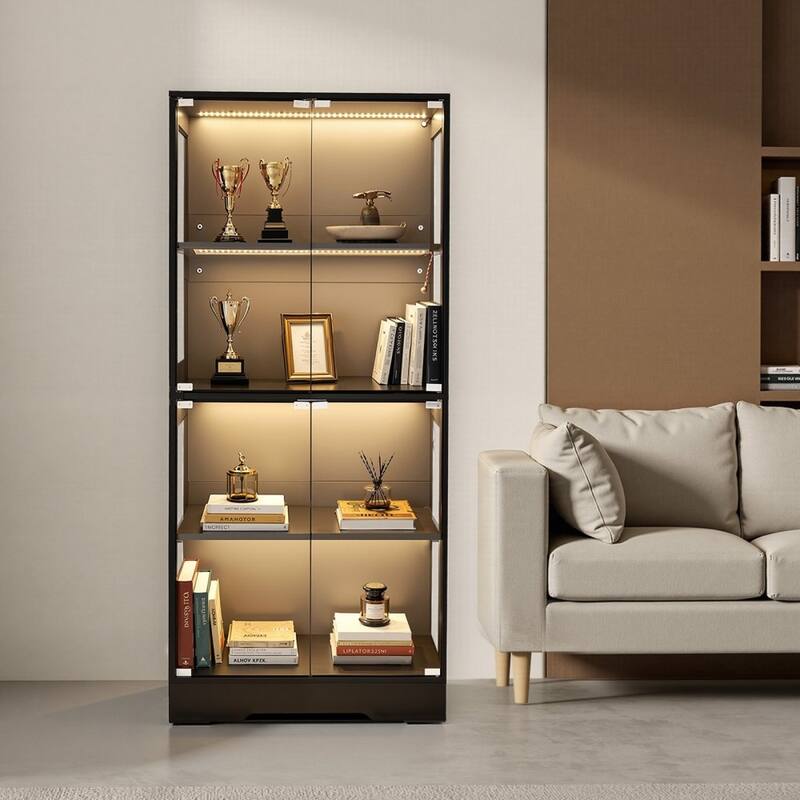 Black MDF Glass Display Cabinet 4-Tier with 3-Color LED Lighting - 28.82 × 13.86 × 65.16 inch
